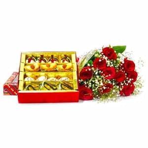 Bunch of 12 Red Roses with 500gm Mixed Sweets
